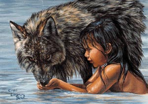 Miniature Oil Painting, Playtime Pebbles, of Native American Boy and Wolf