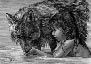 Oil Painting miniature of boy and wolf, Playtime Pebbles